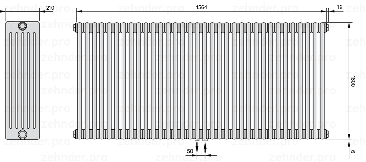 Схема (чертеж) Радиатор Zehnder Charleston 6180/34 №5410 Белый глянцевый RAL 9016